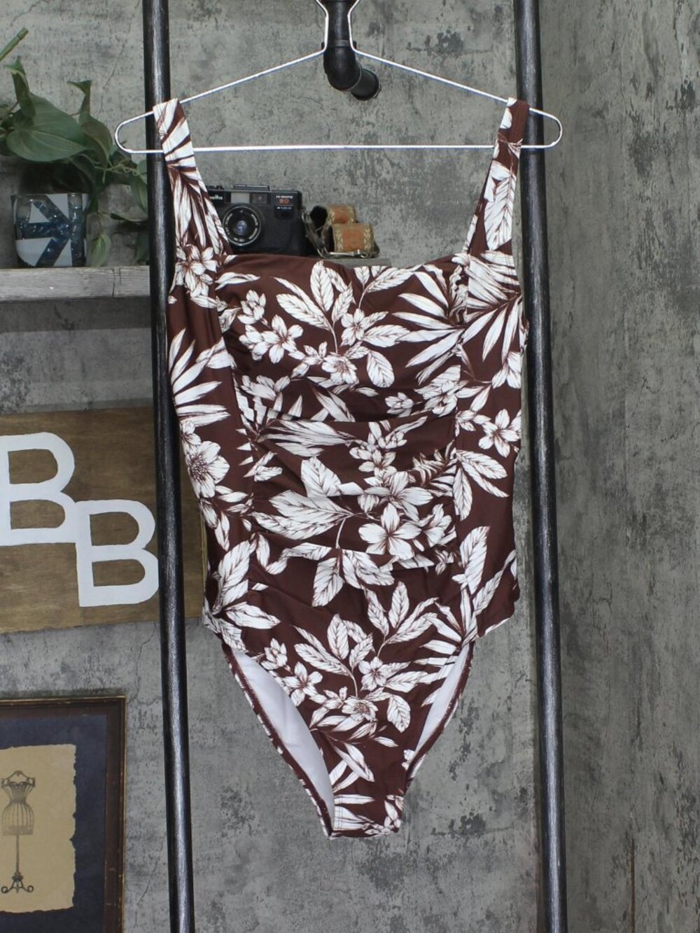 Cupshe Brown Tropical Floral Square Neck One Piece Swimsuit L Sz L
